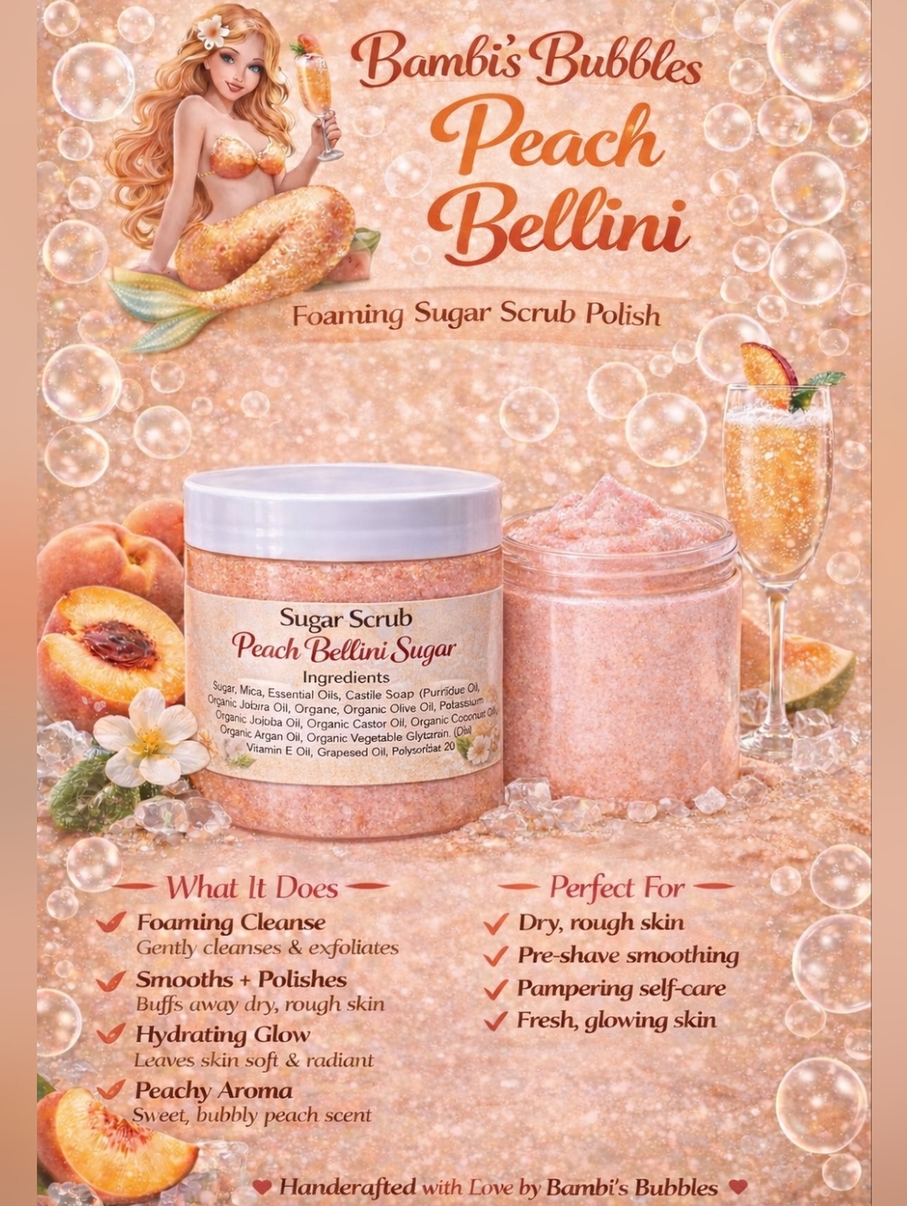 8oz Hand Crafted Foaming Sugar Polish Scrub Peach Bellinie